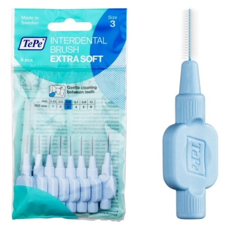 TEPE İnterdental Fırça Ekstra Yumuşak, Diş Temizliği için Süper Yumuşak Diş Fırçası, 8'li Paket, 0,6 mm, Orta Boşluk, Mavi, Boyut 3