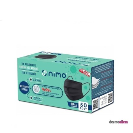 Nimo 3 Katlı Filtreli Cerrahi Yüz Maskesi-Siyah 50 Adet